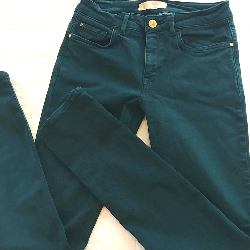 Zara Z1975 denim dark green midrise skinny jeans size 5 EUR 38